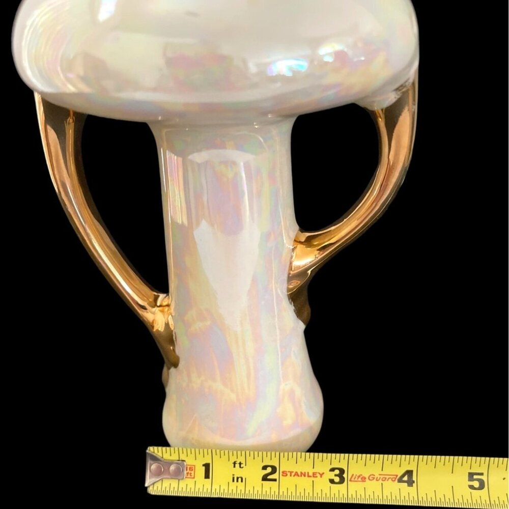 MCM Lusterware Vase Ceramic Pearl Glazed Iridescent Porcelain Gold Handles VTG - Picture 10 of 11